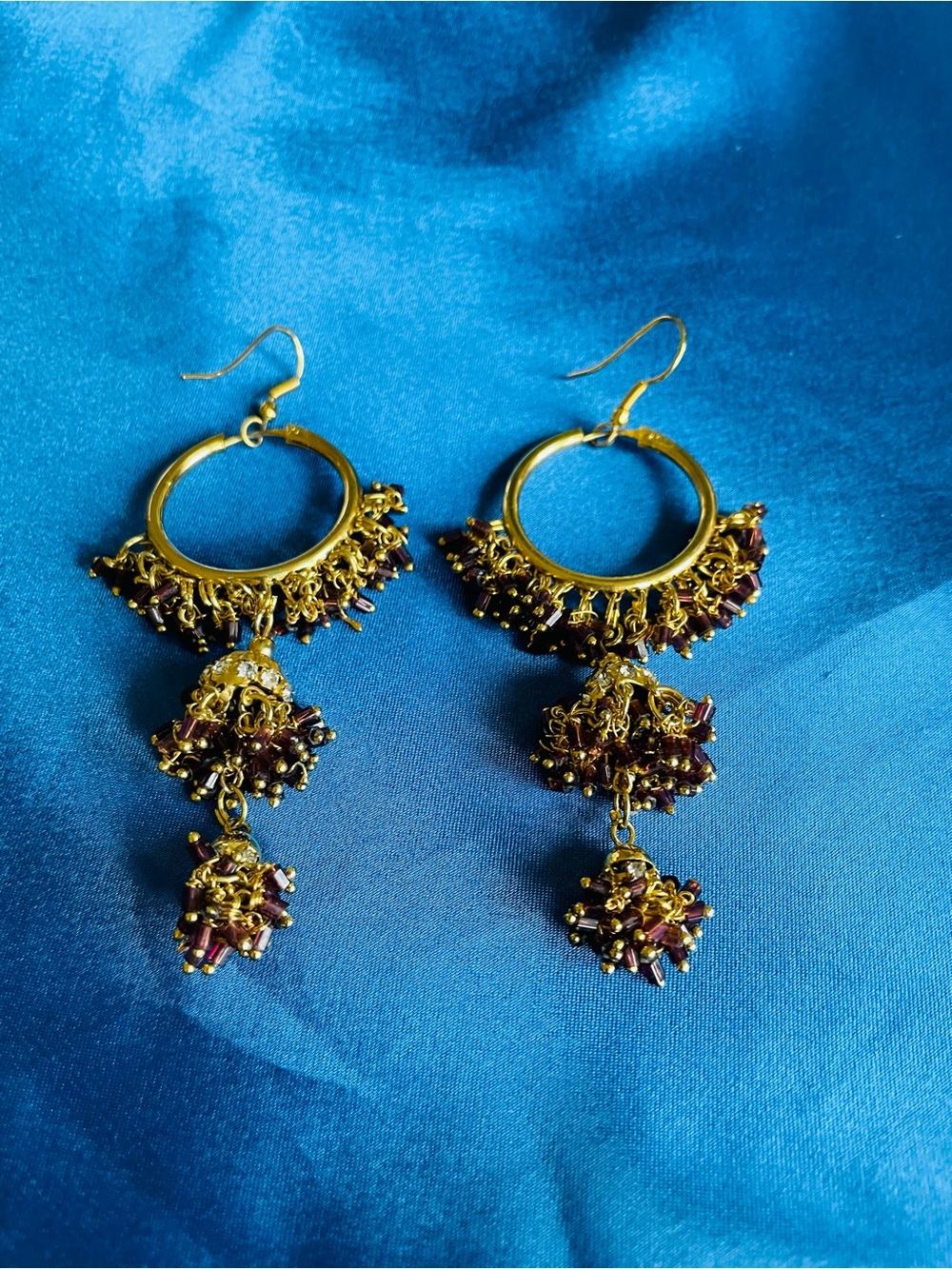 Bohemian Jumkas Gold Tone Hoop Purple Beaded Crystal Pierced Earrings 
3 1/2”
